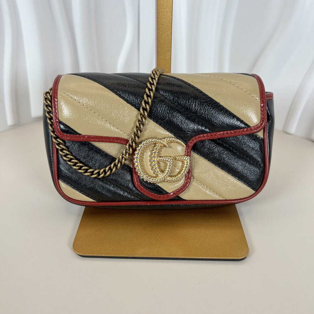 Gucci GG Marmont Super Mini Torchon Matelassé Diagonal Striped Bag in Black and